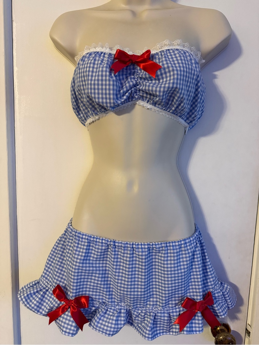 Blue Gingham Dorothy Halloween Costume Micro Mini Skirt Crop Top